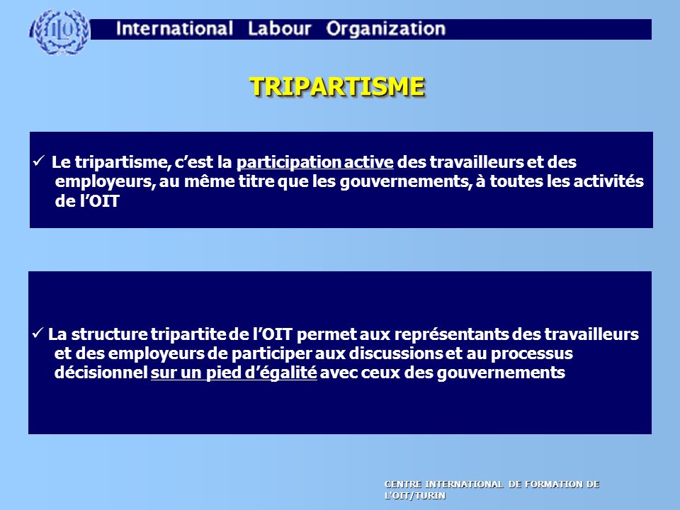 TRIPARTISME Le tripartisme, c’est la participation active des travailleurs et des.