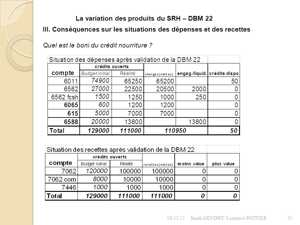 La variation des produits du SRH – DBM 22