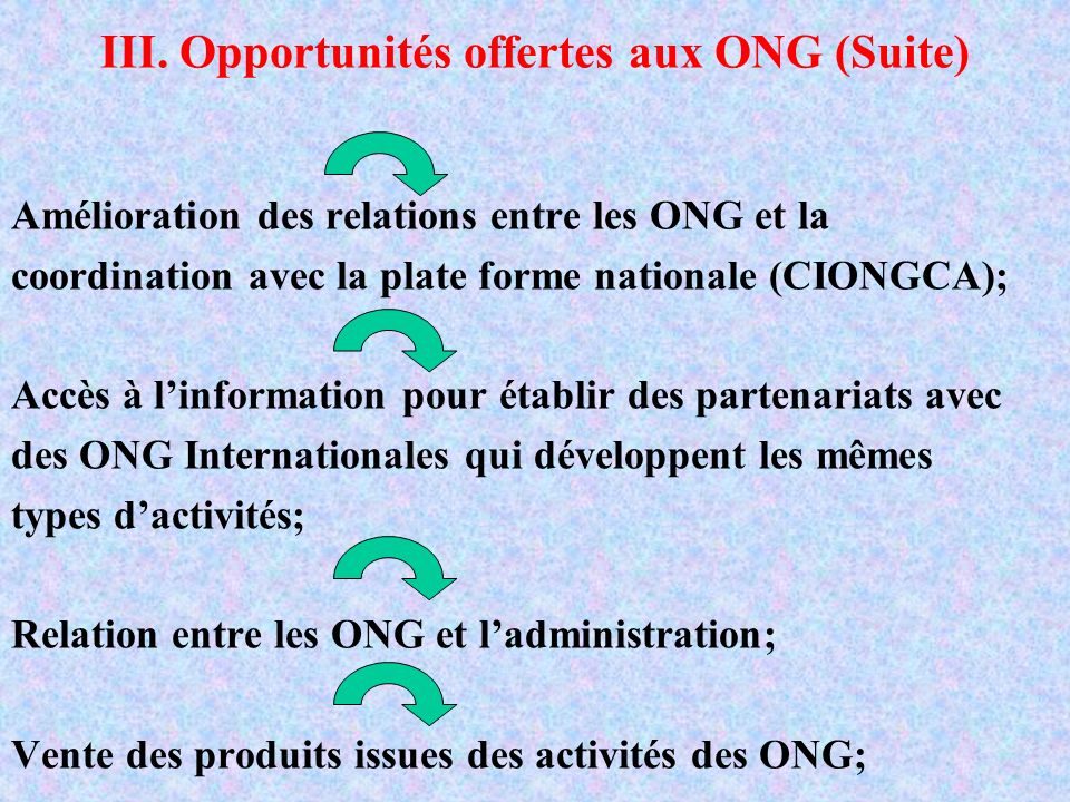III. Opportunités offertes aux ONG (Suite)