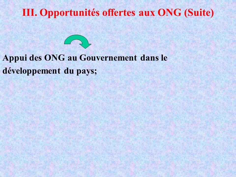 III. Opportunités offertes aux ONG (Suite)