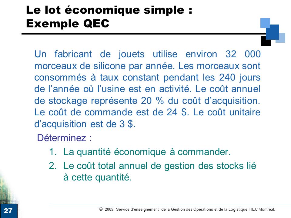 Le lot économique simple : Exemple QEC