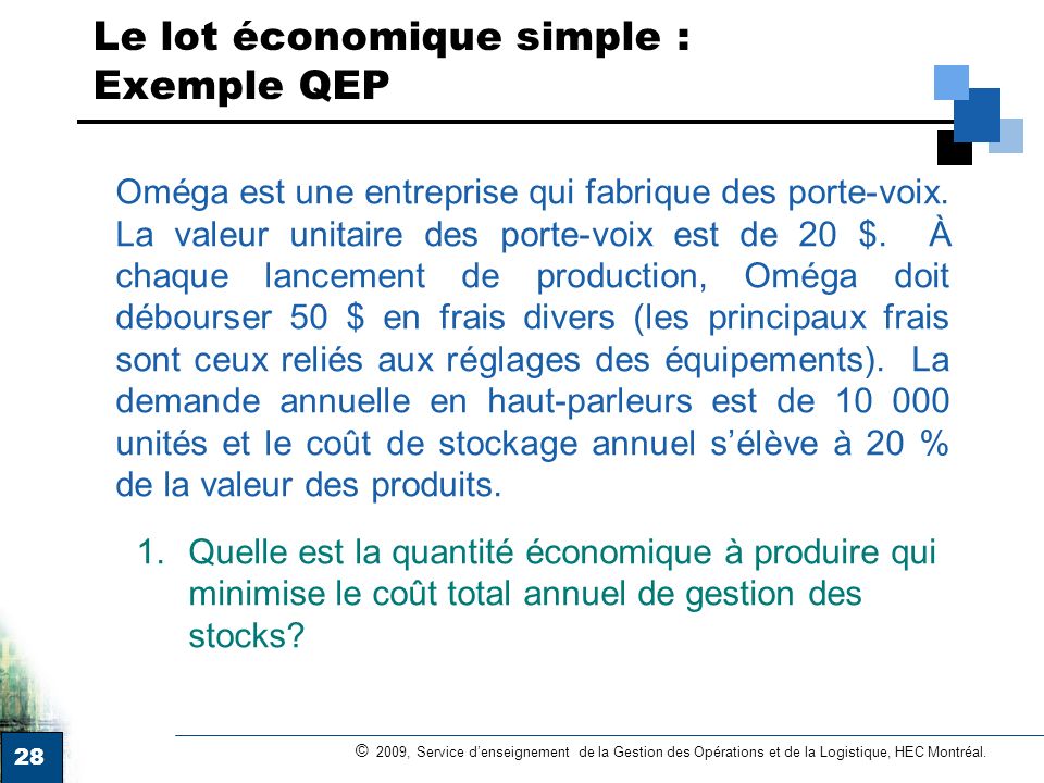 Le lot économique simple : Exemple QEP