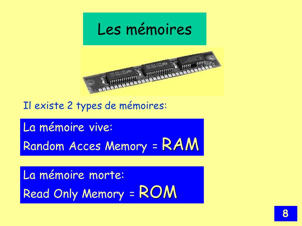 Les mémoires La mémoire vive: Random Acces Memory = RAM