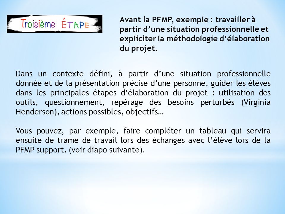Avant la PFMP, exemple : travailler à partir d’une situation professionnelle et expliciter la méthodologie d’élaboration du projet.