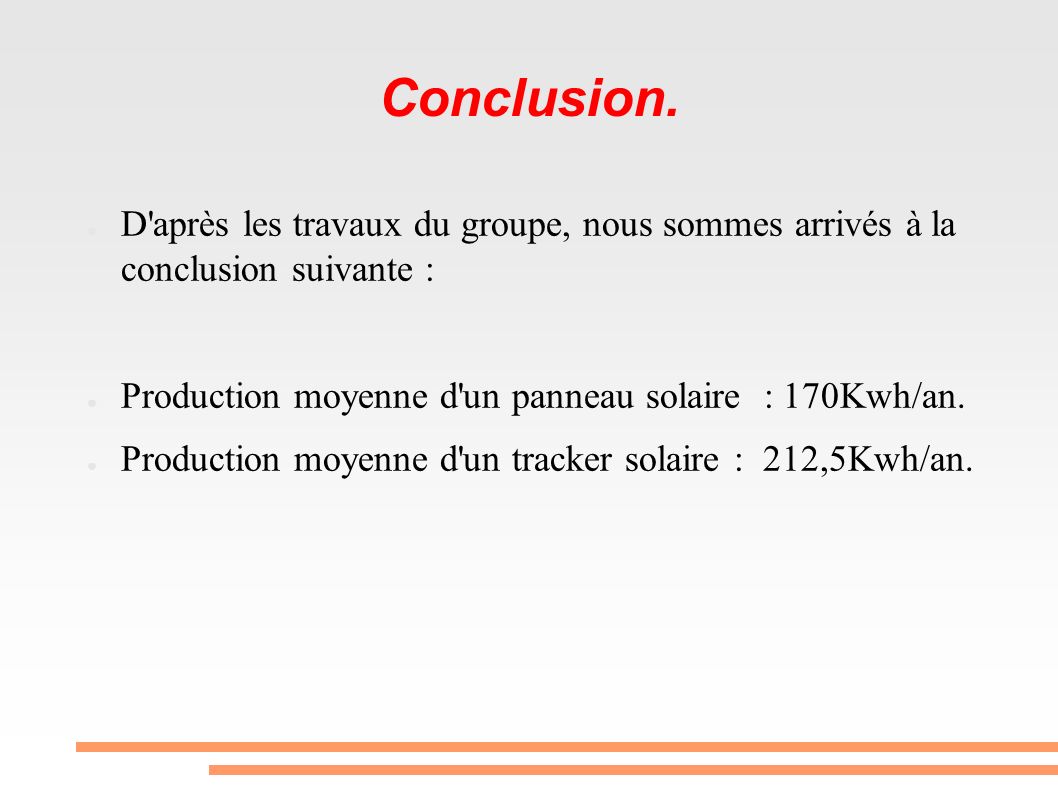 Conclusion. D après les travaux du groupe, nous sommes arrivés à la conclusion suivante : Production moyenne d un panneau solaire : 170Kwh/an.