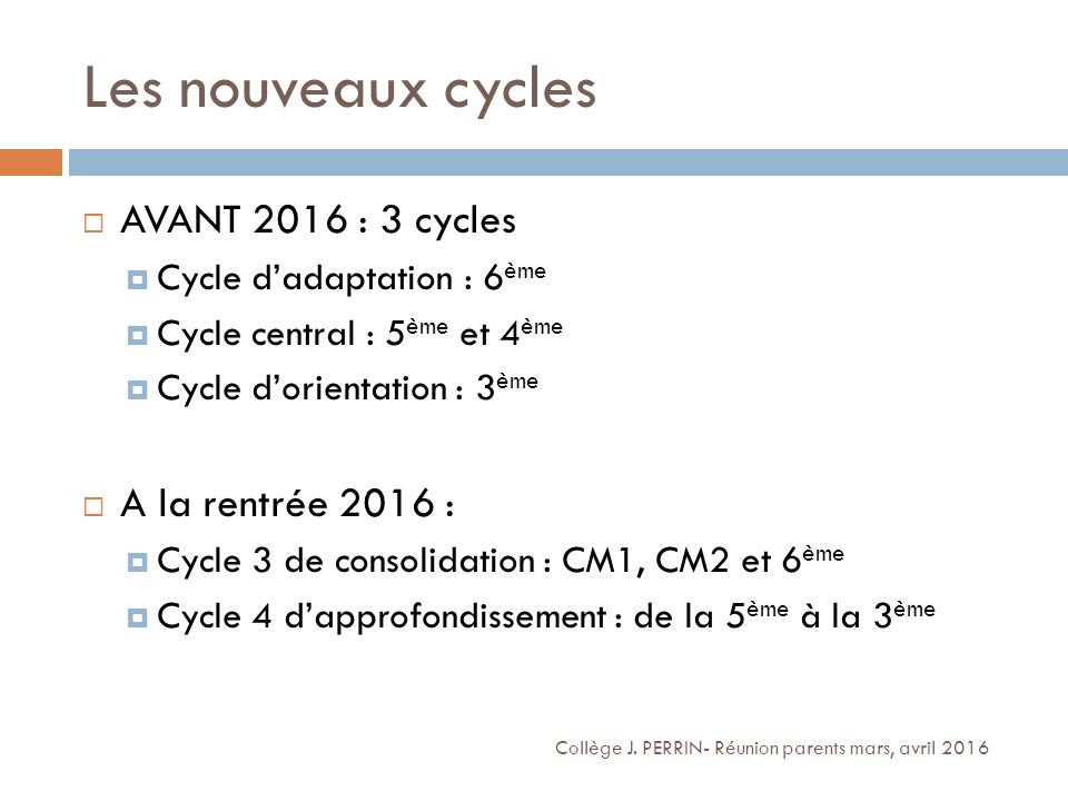 Les nouveaux cycles AVANT 2016 : 3 cycles A la rentrée 2016 :