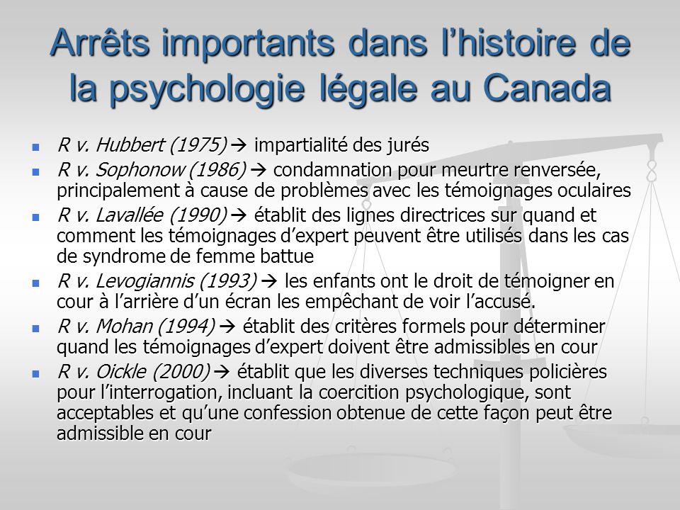 Arrêts importants dans l’histoire de la psychologie légale au Canada