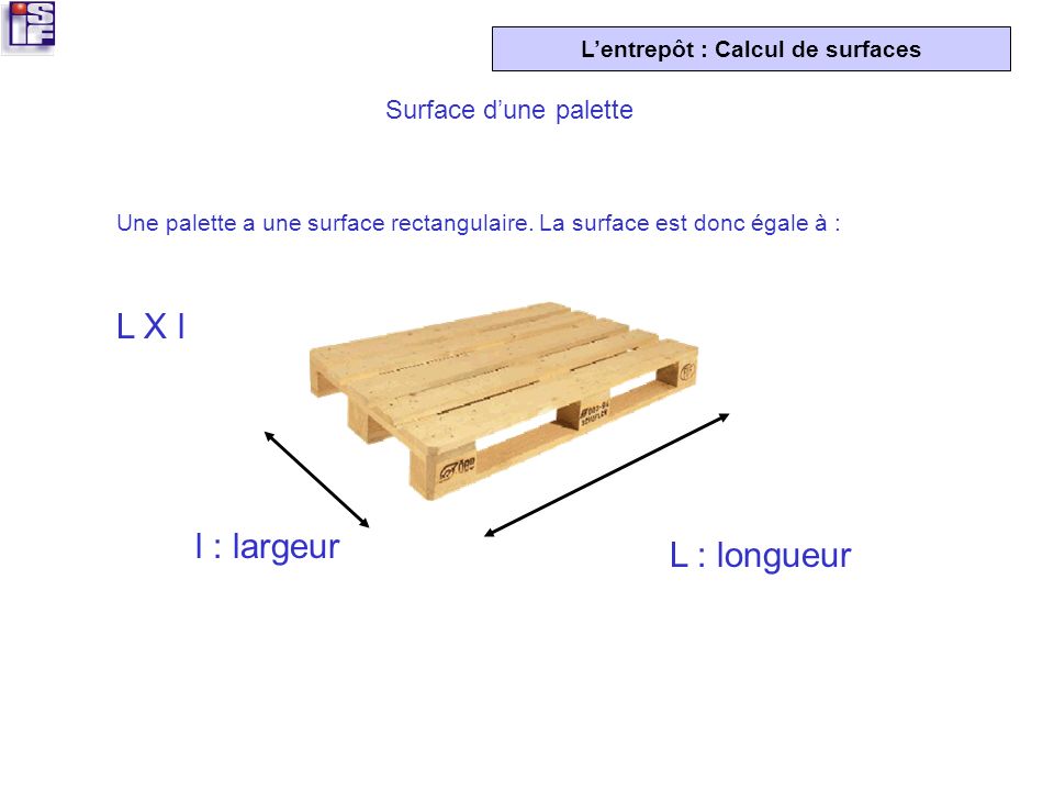 L X l l : largeur L : longueur Surface d’une palette
