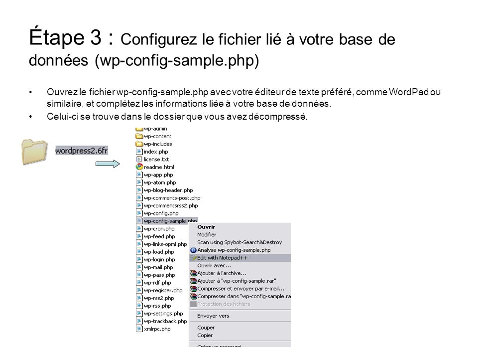 Étape 3 : Configurez le fichier lié à votre base de données (wp-config-sample.php)