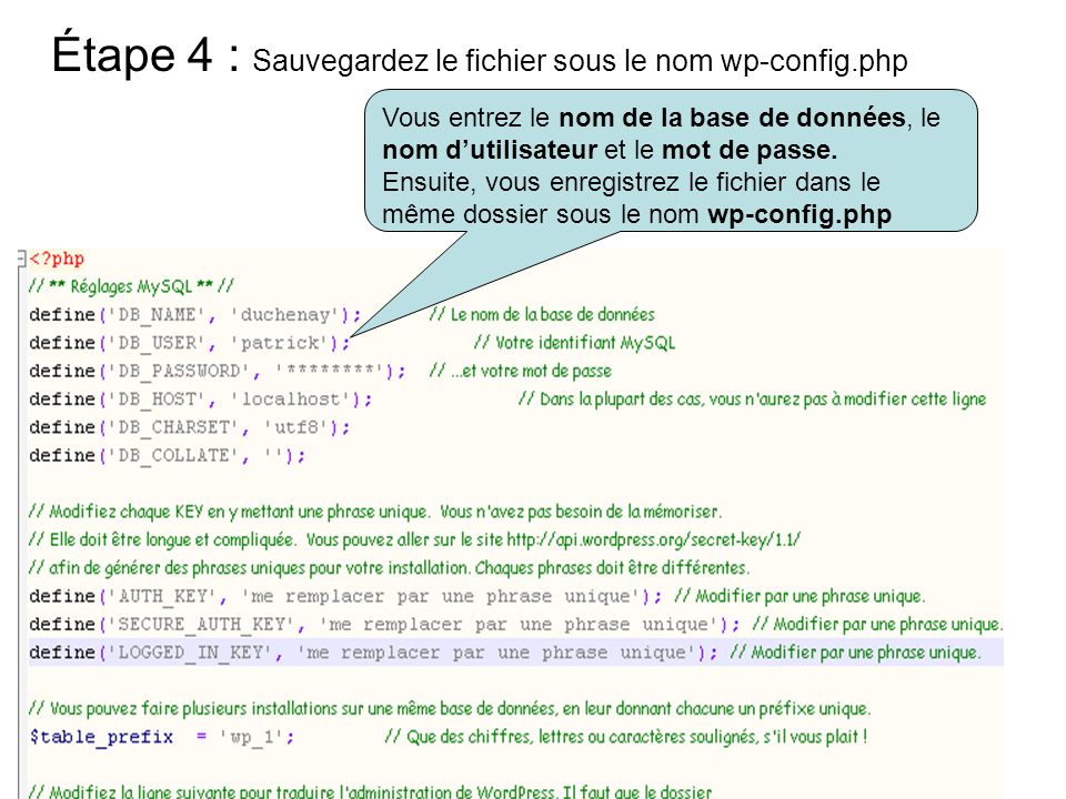 Étape 4 : Sauvegardez le fichier sous le nom wp-config.php