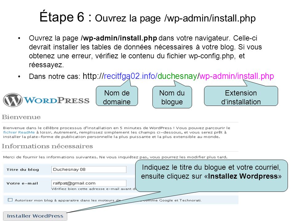 Étape 6 : Ouvrez la page /wp-admin/install.php