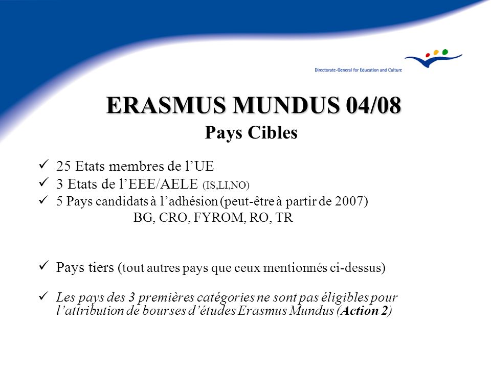 ERASMUS MUNDUS 04/08 Pays Cibles 25 Etats membres de l’UE