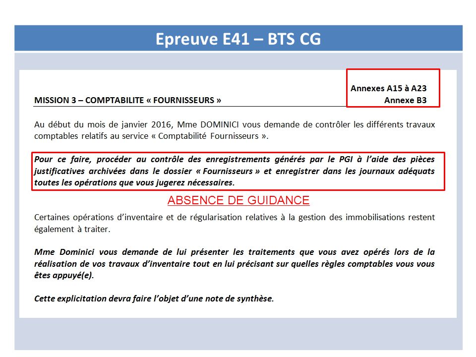 Epreuve E41 – BTS CG ABSENCE DE GUIDANCE