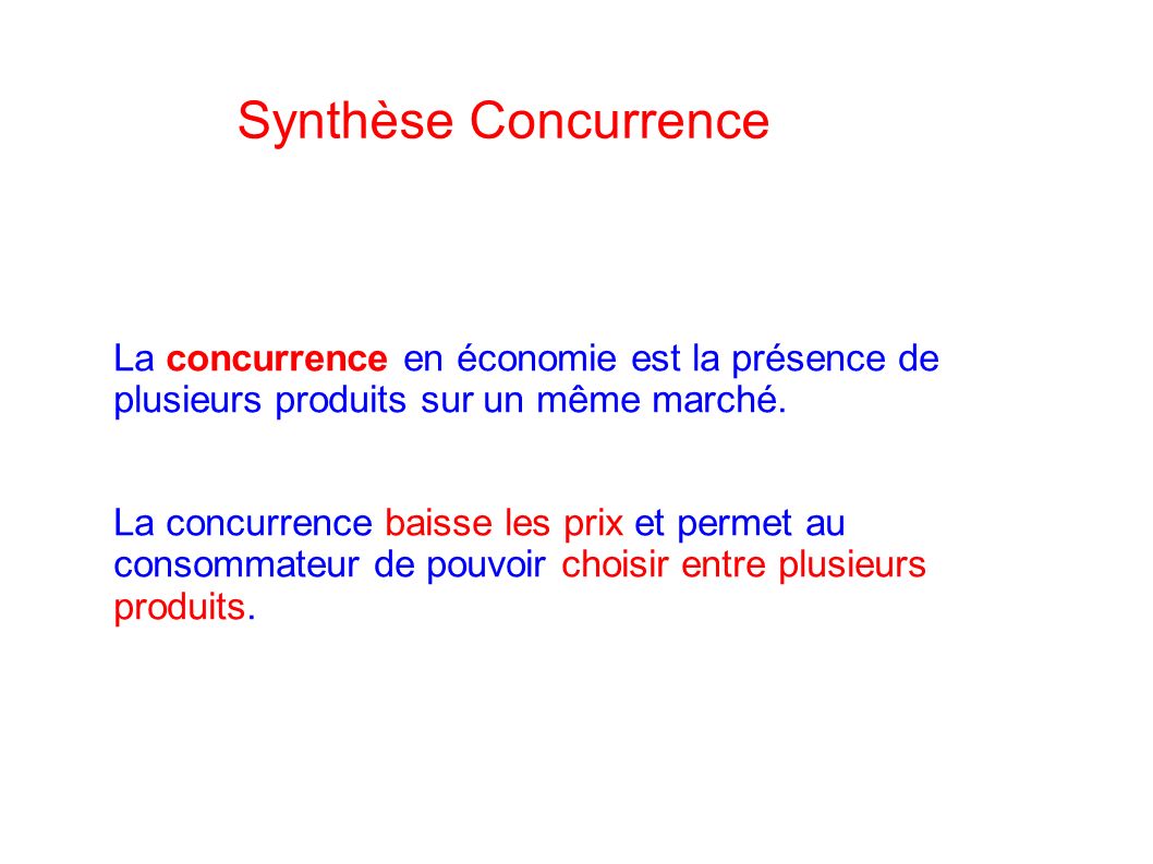 Synthèse Concurrence La concurrence en économie est la présence de plusieurs produits sur un même marché.