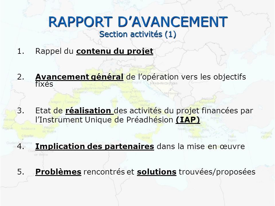 RAPPORT D’AVANCEMENT Section activités (1)