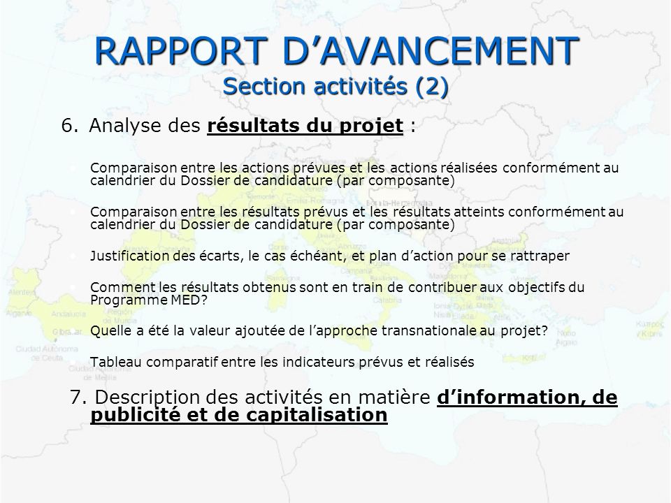 RAPPORT D’AVANCEMENT Section activités (2)