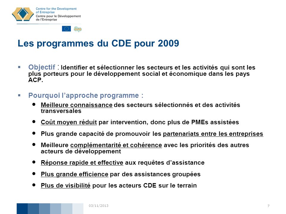 Les programmes du CDE pour 2009
