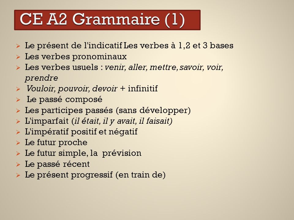 CE A2 Grammaire (1) Le présent de l indicatif Les verbes à 1,2 et 3 bases. Les verbes pronominaux.