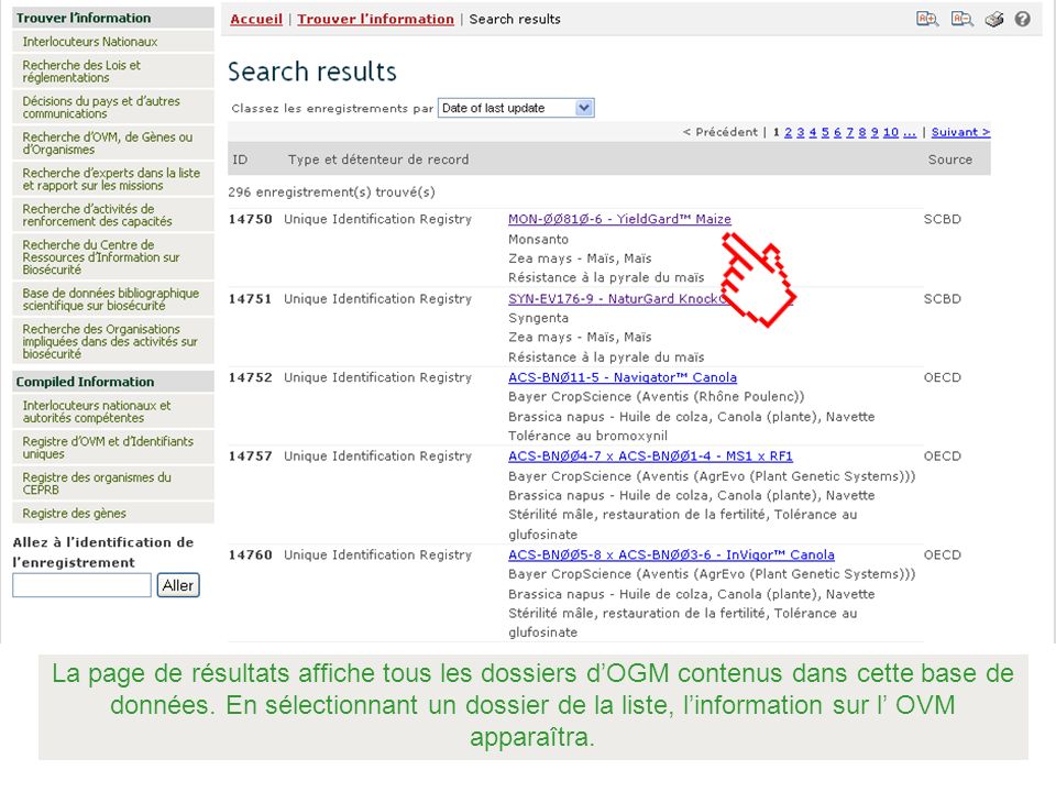 La page de résultats affiche tous les dossiers d’OGM contenus dans cette base de données.