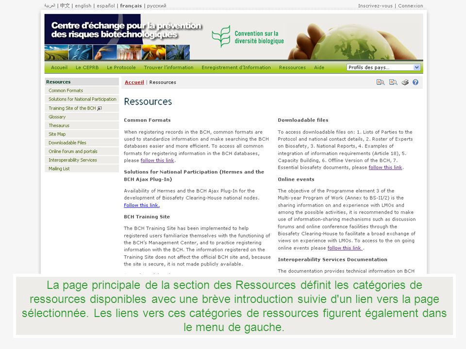 La page principale de la section des Ressources définit les catégories de ressources disponibles avec une brève introduction suivie d un lien vers la page sélectionnée.