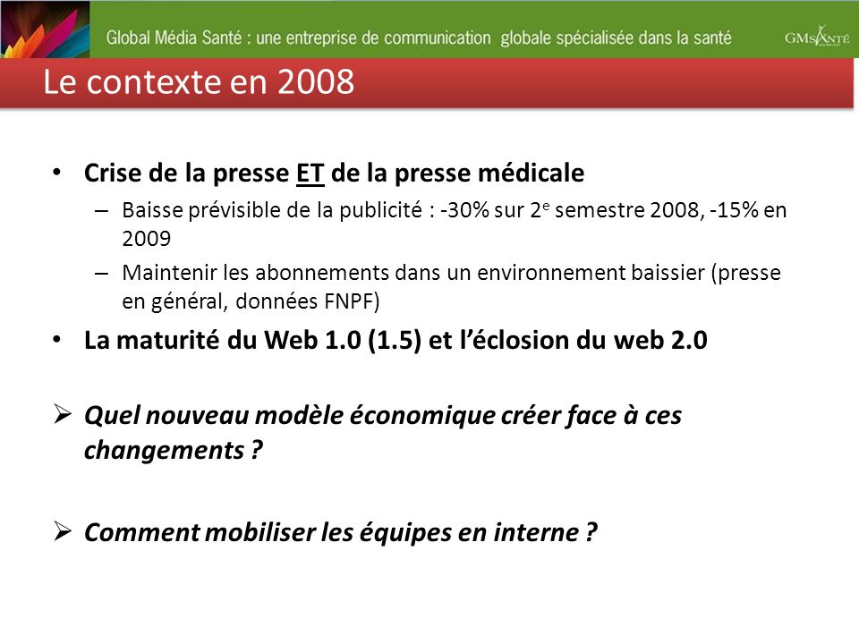 Le contexte en 2008 Crise de la presse ET de la presse médicale