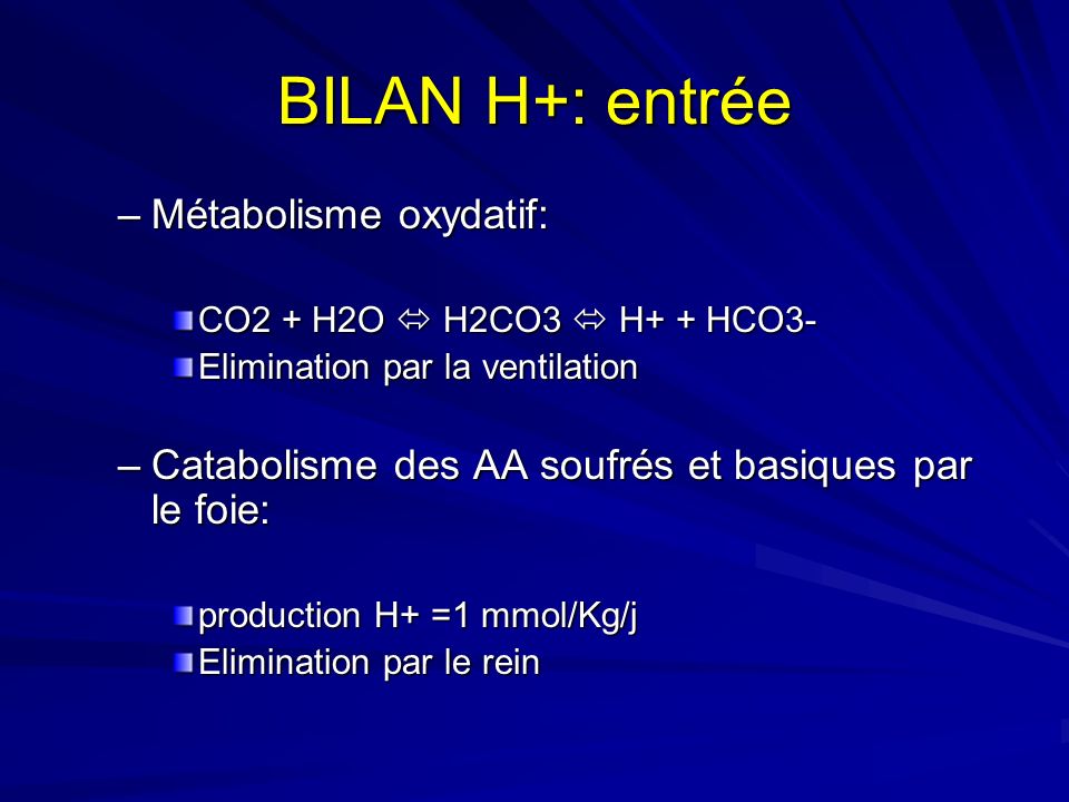 BILAN H+: entrée Métabolisme oxydatif: