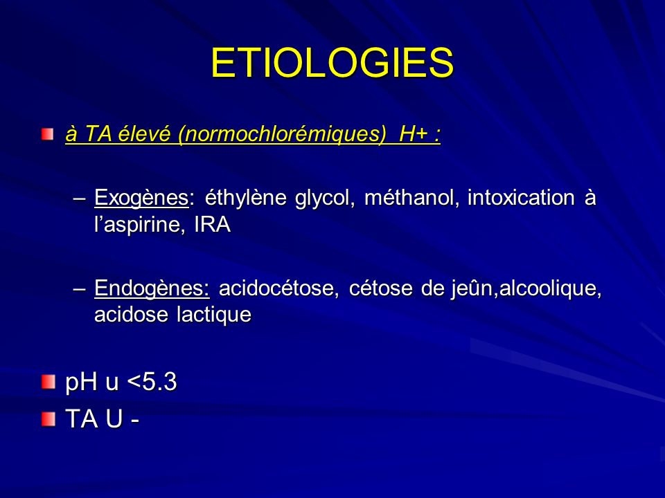 ETIOLOGIES pH u <5.3 TA U - à TA élevé (normochlorémiques) H+ :