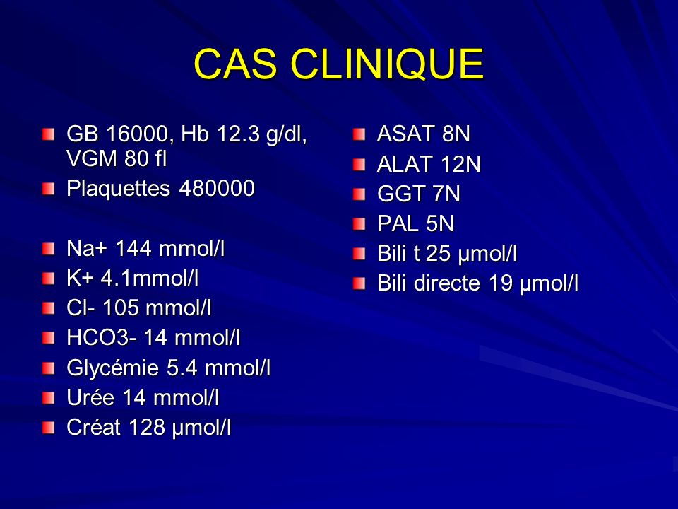 CAS CLINIQUE GB 16000, Hb 12.3 g/dl, VGM 80 fl Plaquettes