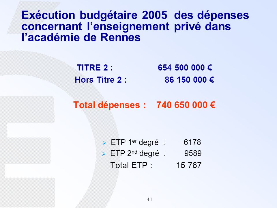 Exécution budgétaire 2005 des dépenses concernant l’enseignement privé dans l’académie de Rennes
