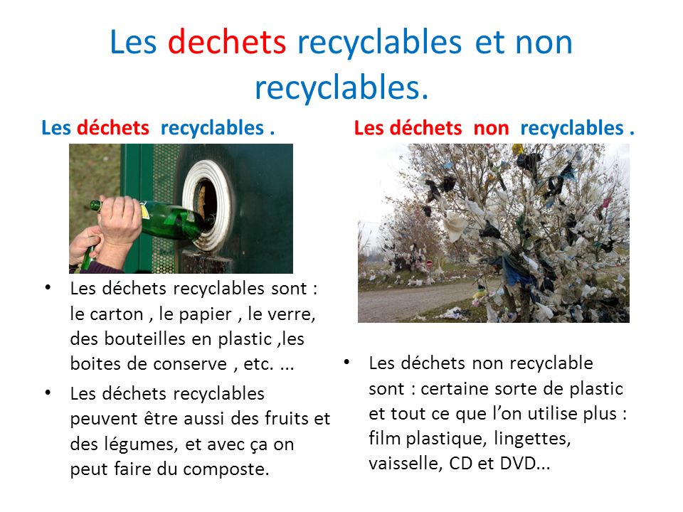 Les dechets recyclables et non recyclables.