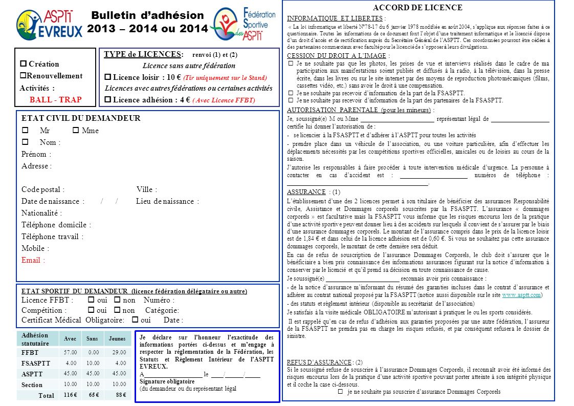 Bulletin d’adhésion 2013 – 2014 ou 2014