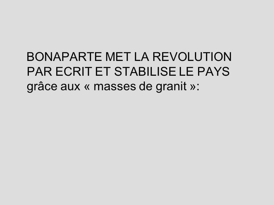 BONAPARTE MET LA REVOLUTION PAR ECRIT ET STABILISE LE PAYS grâce aux « masses de granit »: