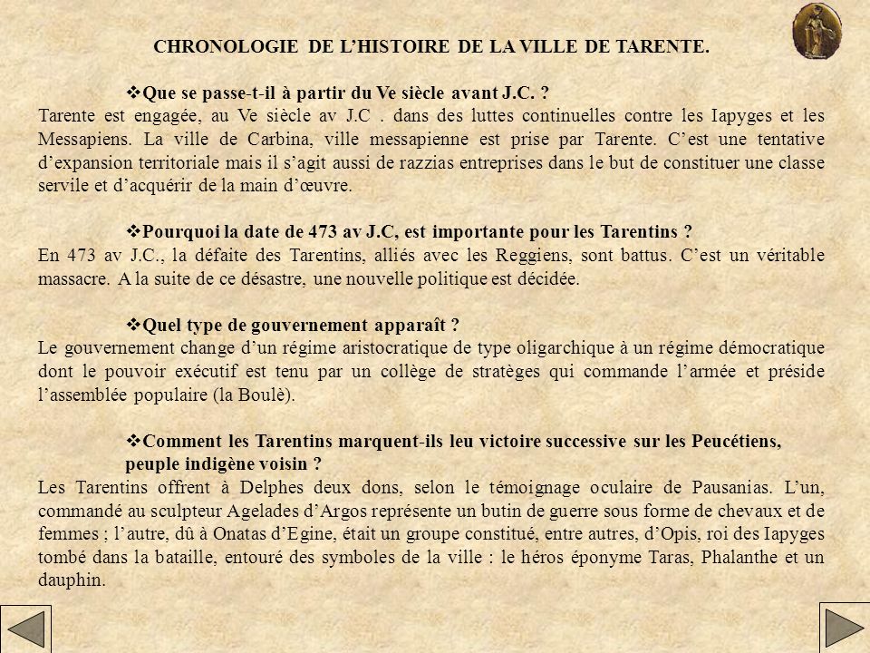 CHRONOLOGIE DE L’HISTOIRE DE LA VILLE DE TARENTE.