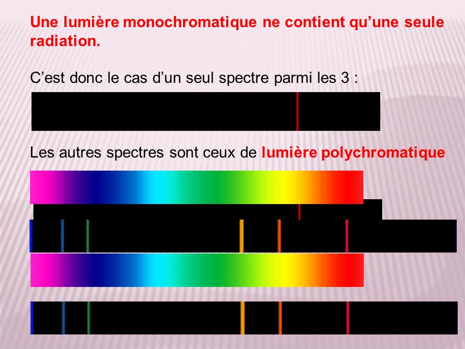 Une lumière monochromatique ne contient qu’une seule radiation.