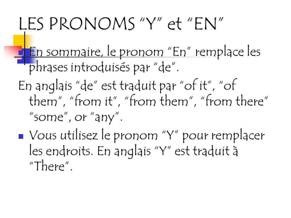 LES PRONOMS Y et EN En sommaire, le pronom En remplace les phrases introduisés par de .
