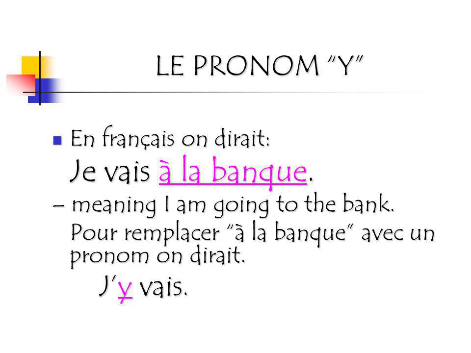 LE PRONOM Y En français on dirait: Je vais à la banque.