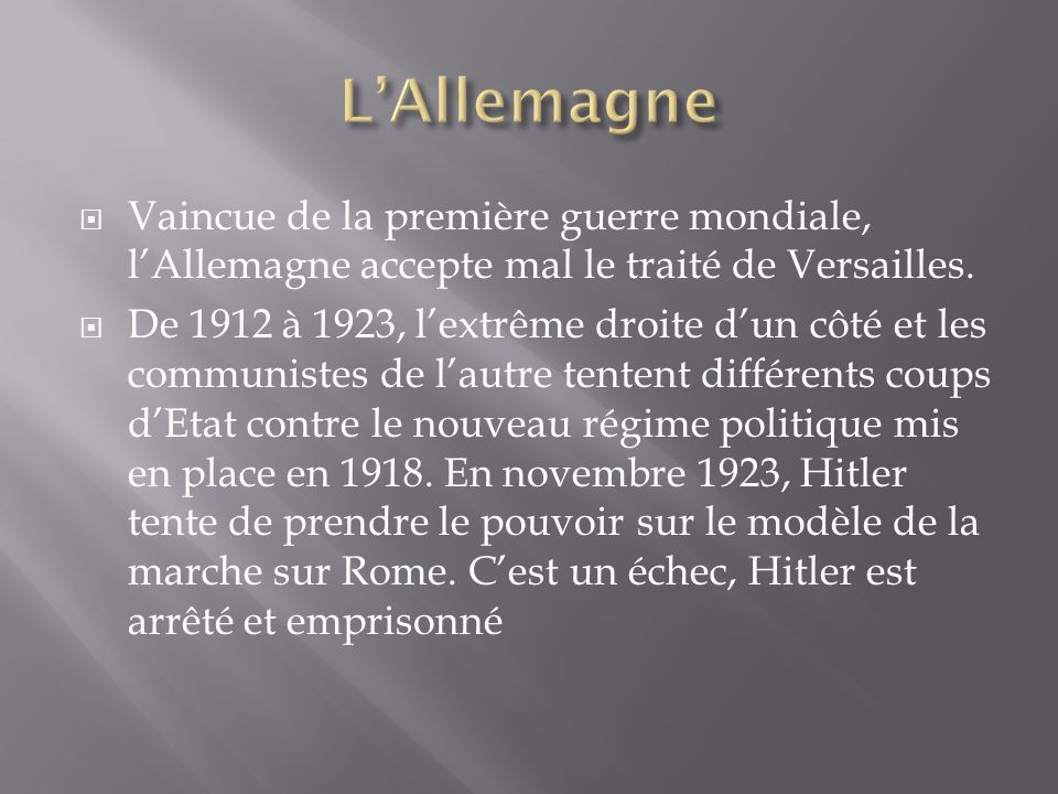 L’Allemagne Vaincue de la première guerre mondiale, l’Allemagne accepte mal le traité de Versailles.