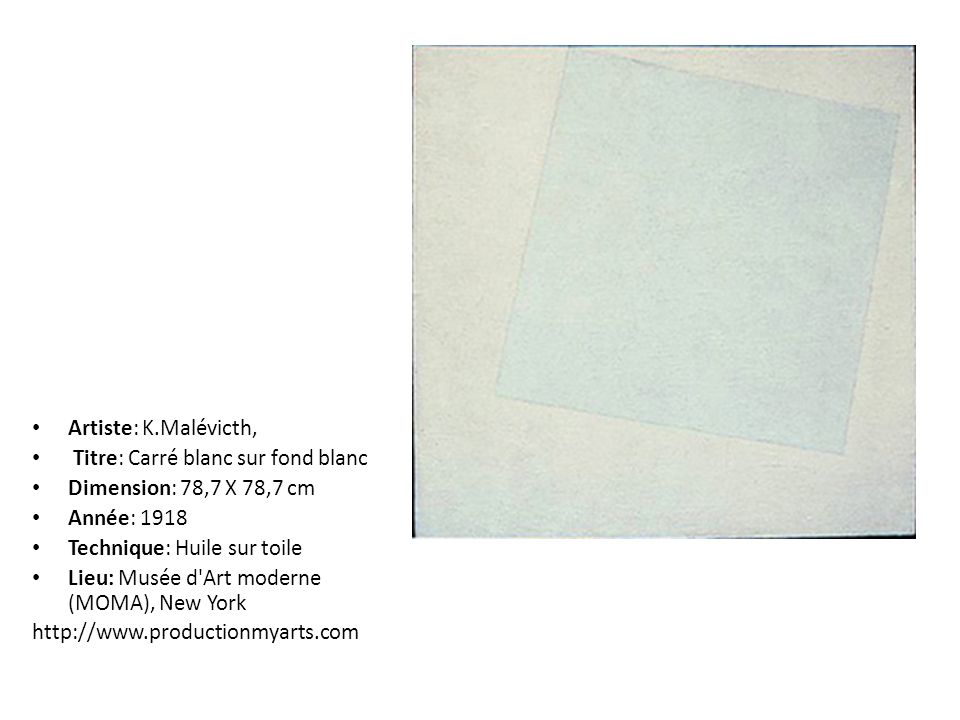 Artiste: K.Malévicth, Titre: Carré blanc sur fond blanc. Dimension: 78,7 X 78,7 cm. Année: Technique: Huile sur toile.