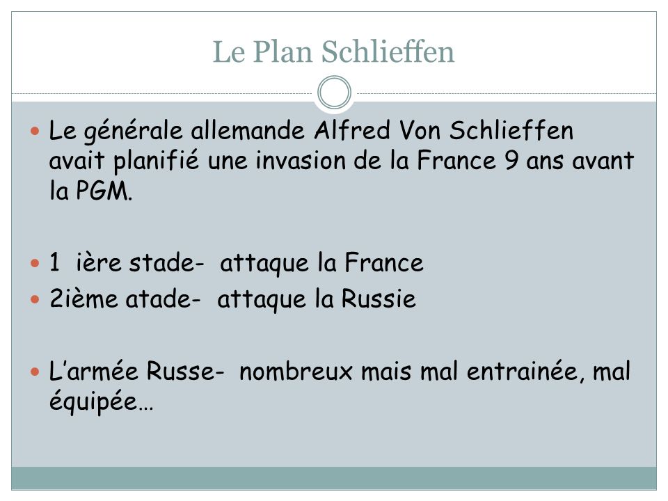 Le Plan Schlieffen Le générale allemande Alfred Von Schlieffen avait planifié une invasion de la France 9 ans avant la PGM.