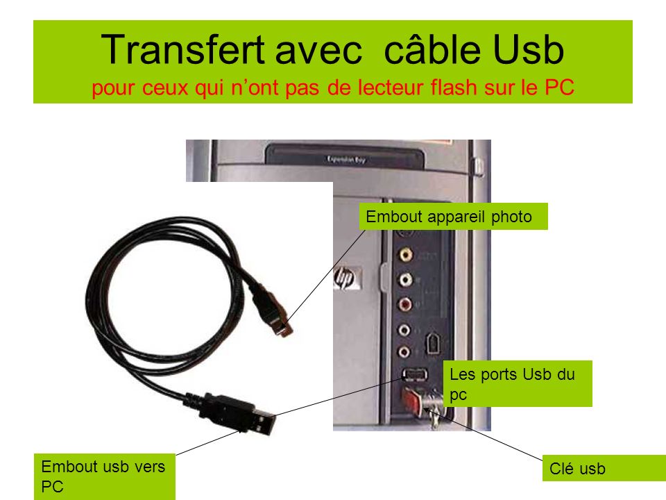 Transfert avec câble Usb pour ceux qui n’ont pas de lecteur flash sur le PC