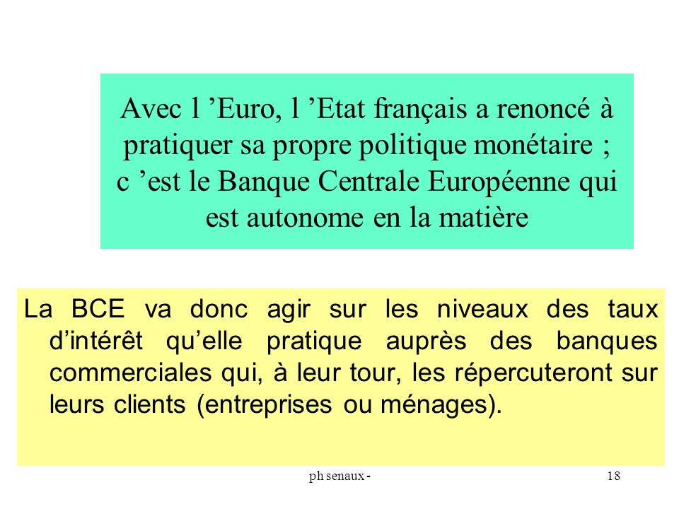 Avec l ’Euro, l ’Etat français a renoncé à pratiquer sa propre politique monétaire ; c ’est le Banque Centrale Européenne qui est autonome en la matière