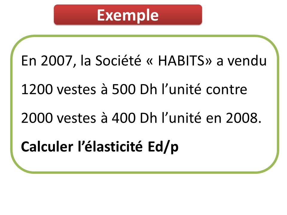 Exemple En 2007, la Société « HABITS» a vendu 1200 vestes à 500 Dh l’unité contre 2000 vestes à 400 Dh l’unité en