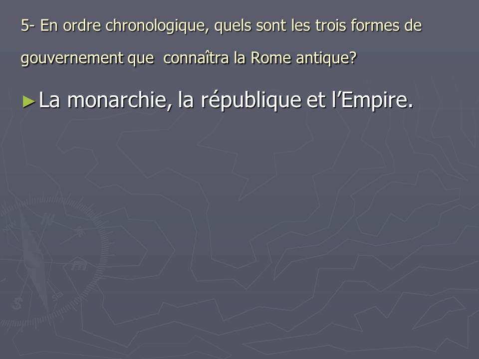 La monarchie, la république et l’Empire.