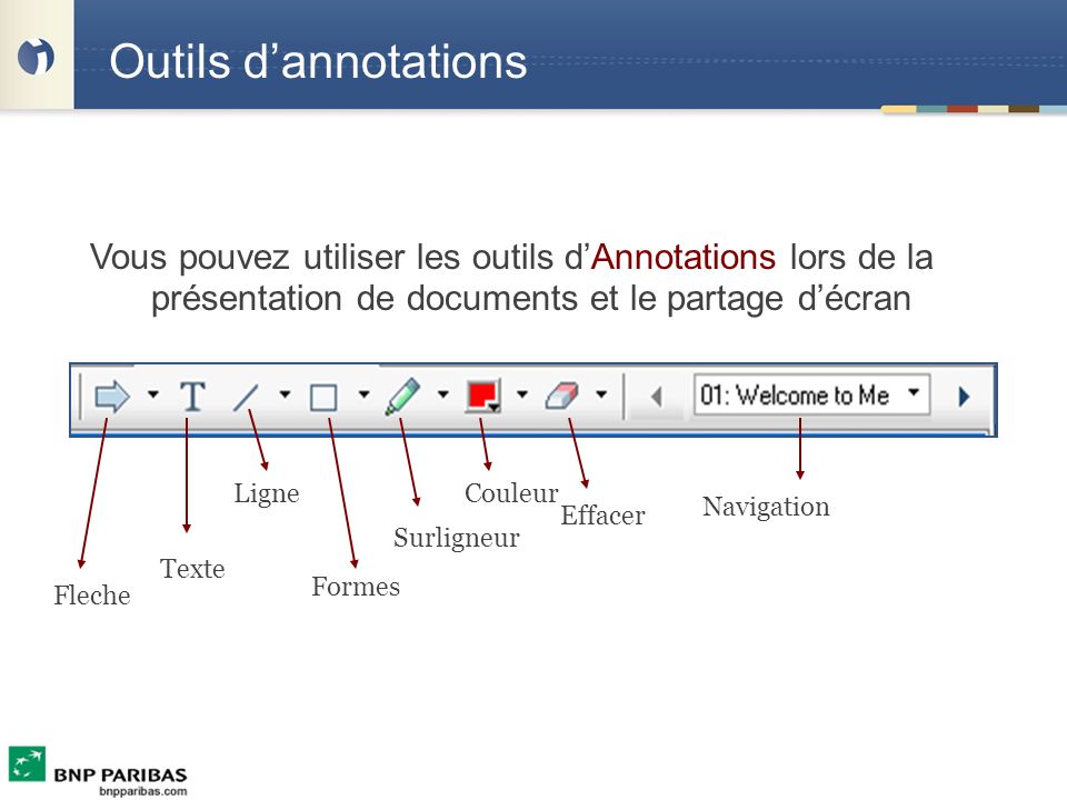 Outils d’annotations Vous pouvez utiliser les outils d’Annotations lors de la présentation de documents et le partage d’écran.