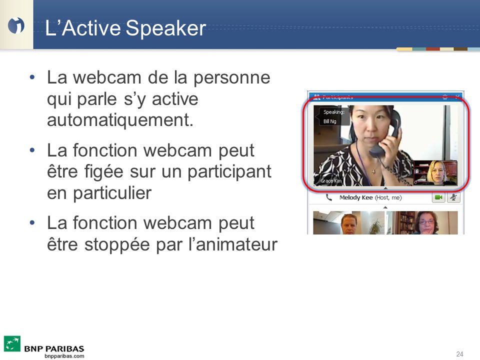 L’Active Speaker La webcam de la personne qui parle s’y active automatiquement. La fonction webcam peut être figée sur un participant en particulier.