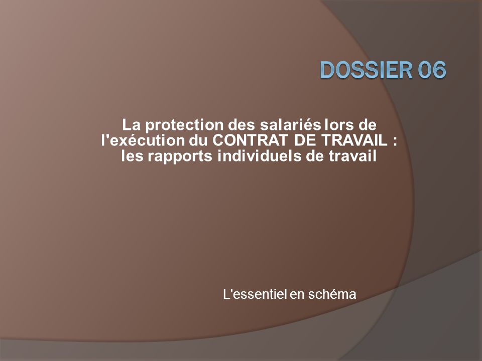 DOSSIER 06 La protection des salariés lors de l exécution du CONTRAT DE TRAVAIL : les rapports individuels de travail.