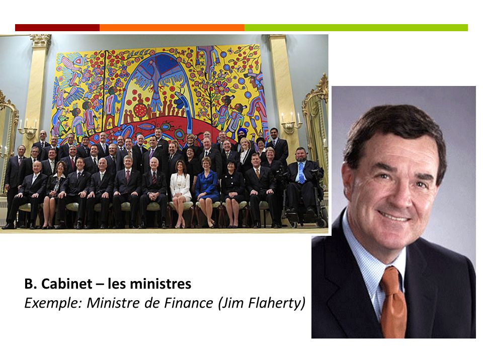 B. Cabinet – les ministres Exemple: Ministre de Finance (Jim Flaherty)