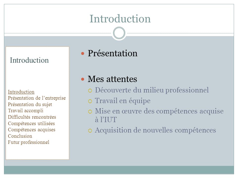 Introduction Présentation Mes attentes Introduction
