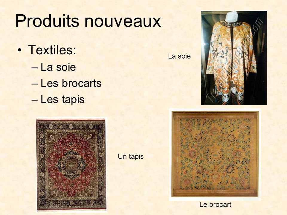 Produits nouveaux Textiles: La soie Les brocarts Les tapis La soie