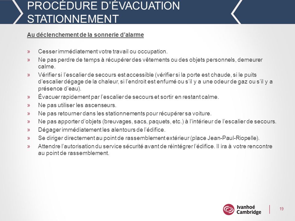 PROCÉDURE D’ÉVACUATION STATIONNEMENT
